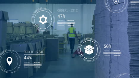 animation of digital data processing over biracial man working in warehouse