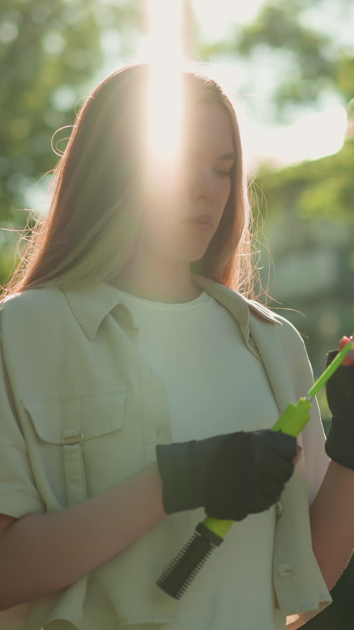 dama con guantes negros se encuentra al aire libre, observando pensativamente boquilla de bomba verde en la mano, rodeado por un fondo de árboles y un edificio lejano