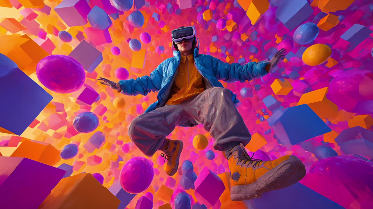 An immersive experience unfolds as a person, adorned in striking attire and wearing a virtual reality headset, levitates amidst a vibrant explosion of colorful 3D shapes and spheres, symbolizing the future of digital engagement