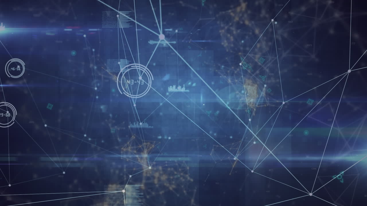 Animation of data processing and icons on blue background