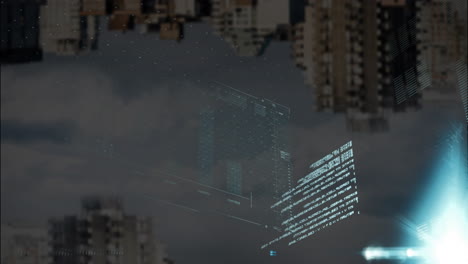 animation of graphs, loading bars and computer language over modern buildings against cloudy sky
