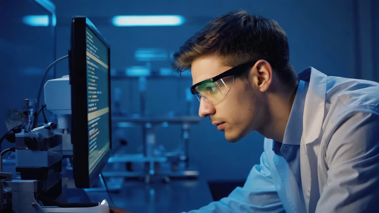 Scientist coding on a computer in a lab