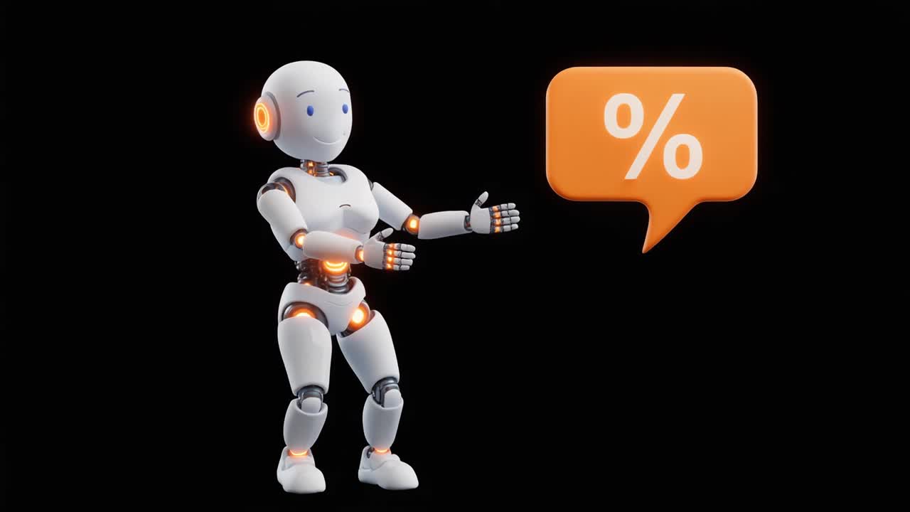 Robot 3D che presenta il simbolo della percentuale in una nuvoletta
