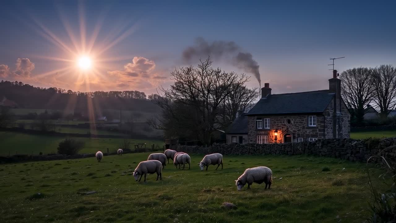 Rebaño de ovejas pastando y alimentándose en la pradera mientras se pone el sol, con humo de cabaña y ventana iluminada