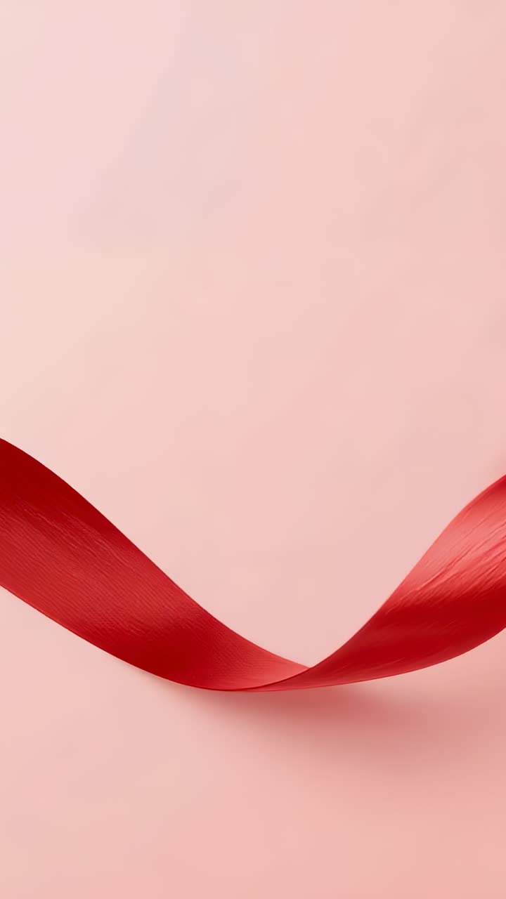 Vertikales Video: Gleitendes rotes Satinband, das von links kommt und vor einem rosa Hintergrund mit sanftem Licht weht