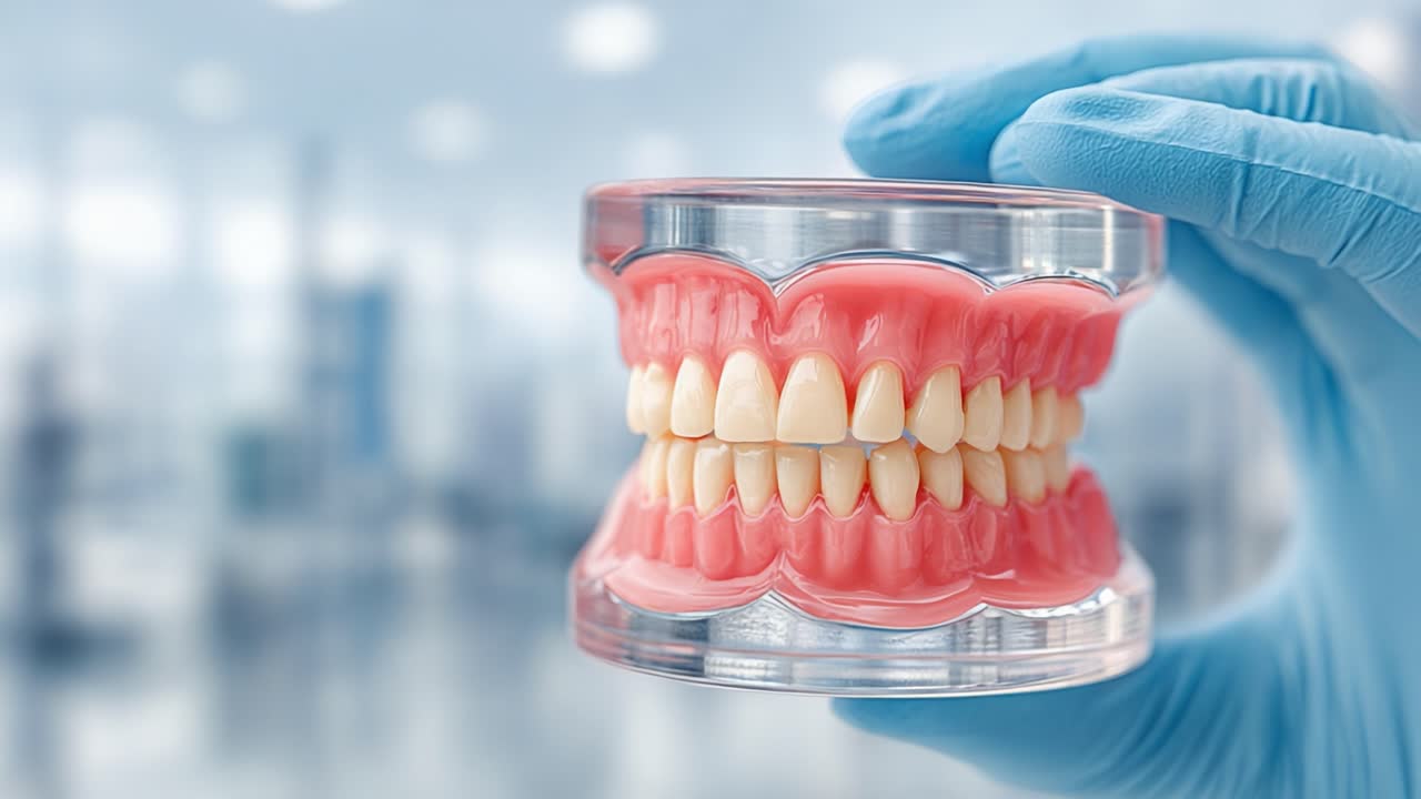 Dynamic Close-up of a Dental Model Showcasing Human Teeth and Gums in a Clinical Environment with Focus on Oral Health and Hygiene Techniques