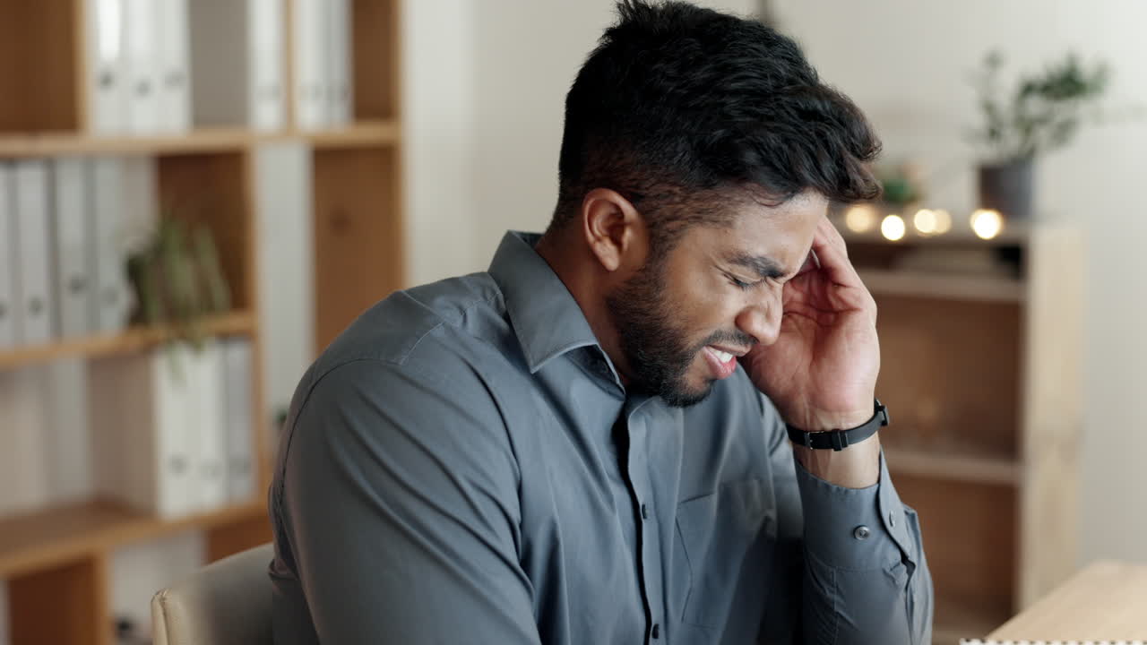 Tired professional man, headache and night stress