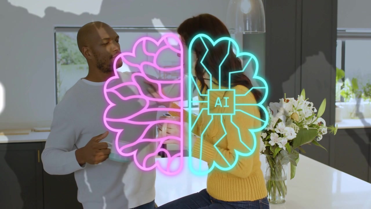 Femme touchant son épaule et homme sirotant une tasse, activation d'une superposition de cerveau IA et d'une carte montrant des connexions.