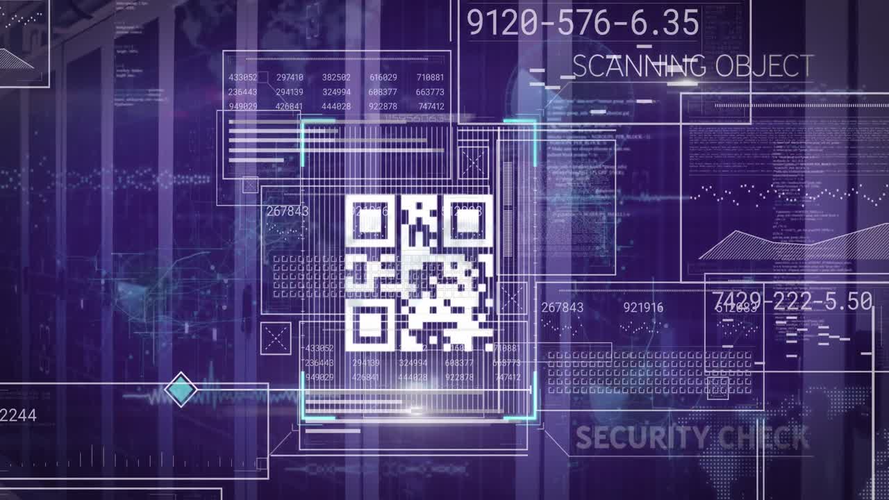 Animation of qr code and data processing over server room