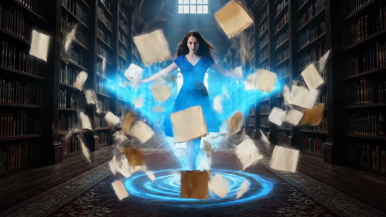 A woman performing magic with books in a library