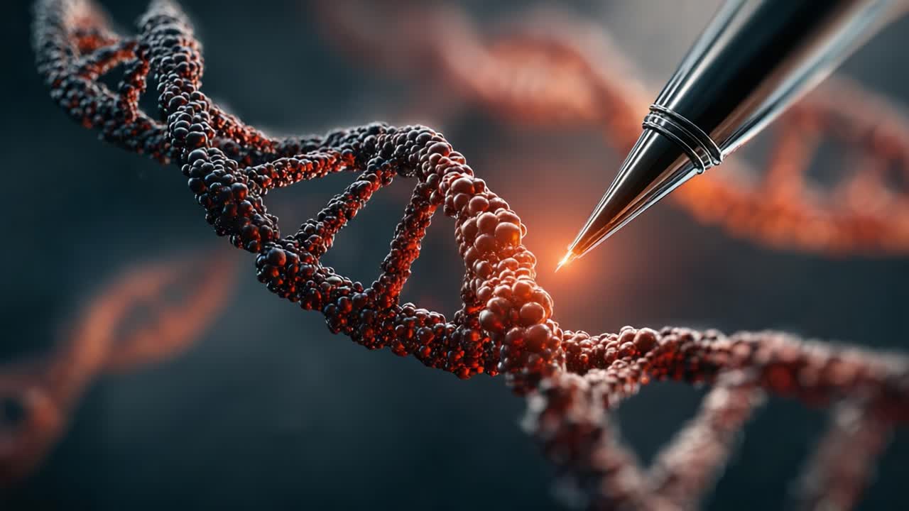 Esplorando la manipolazione genetica: un momento catturato nel tempo con una penna che interagisce in profondità e nel dettaglio con il codice genetico