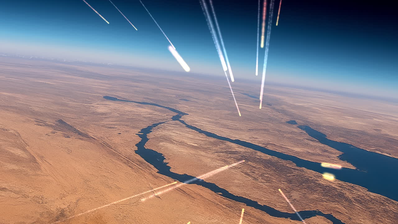 Meteor fireballs above desert river