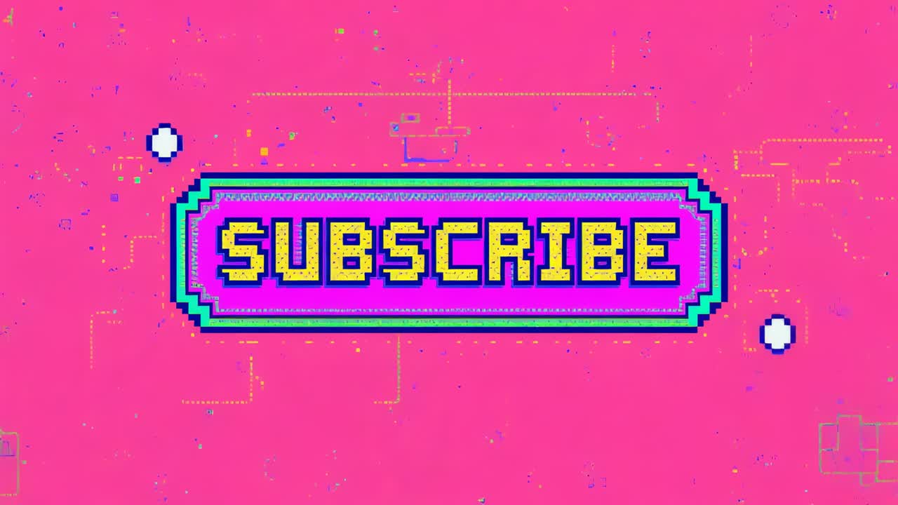 Starting blue sprites circling pixel SUBSCRIBE button on magenta field, encouraging clicks
