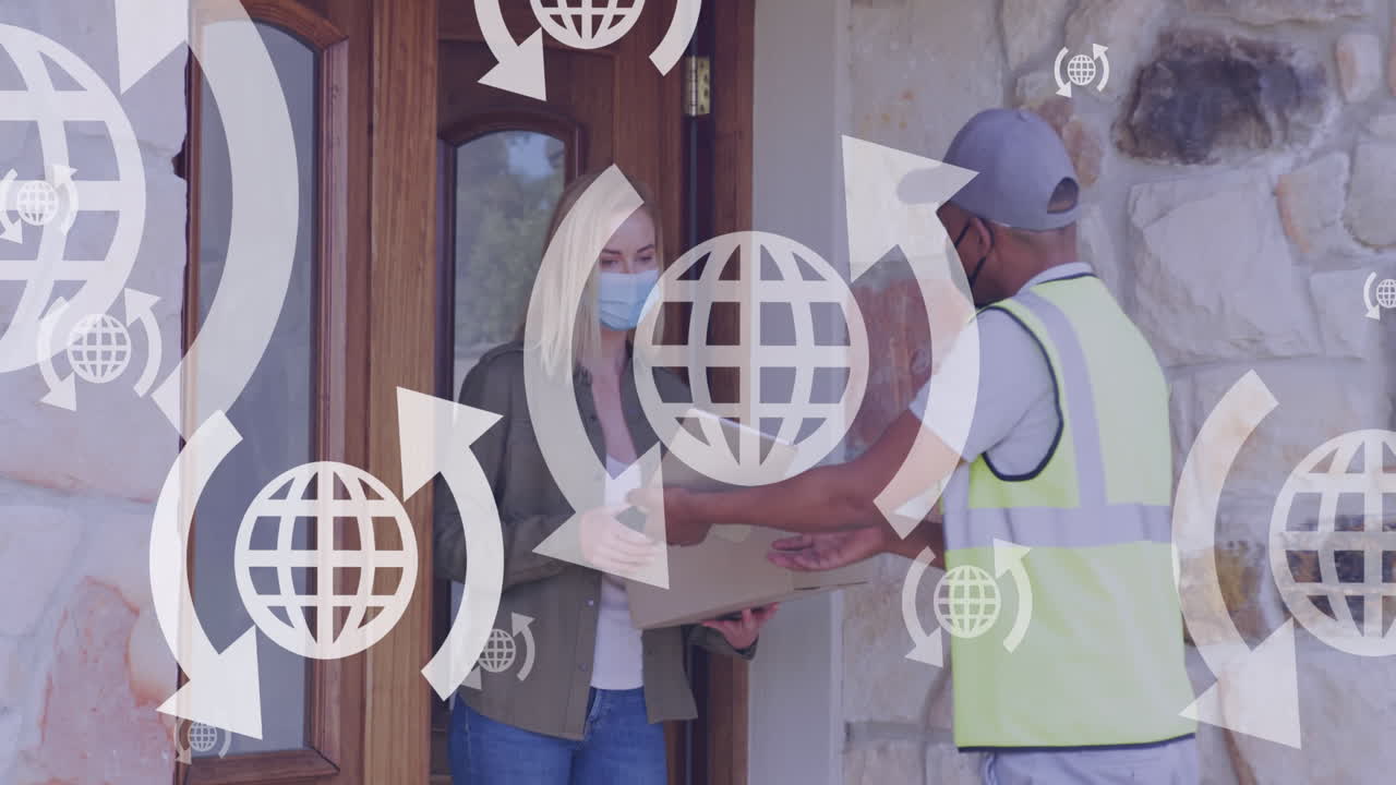 Animation of media icons over caucasian woman with face mask taking package