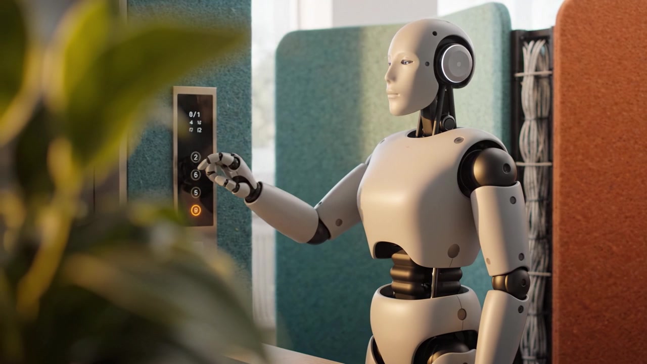 Un robot humanoide interactúa con un panel de ascensor futurista en un entorno de oficina moderno, mostrando tecnología avanzada y capacidades de inteligencia artificial