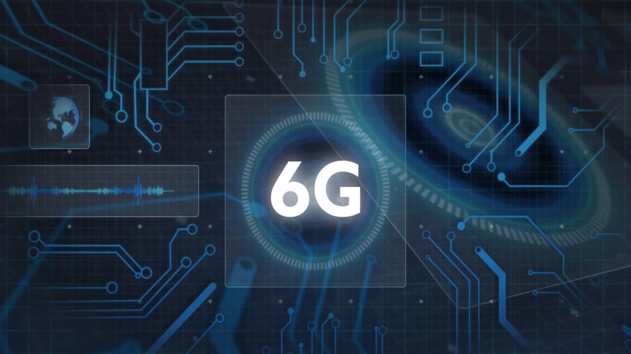 animación de texto de 6g y procesamiento de datos en una placa de circuitos informáticos