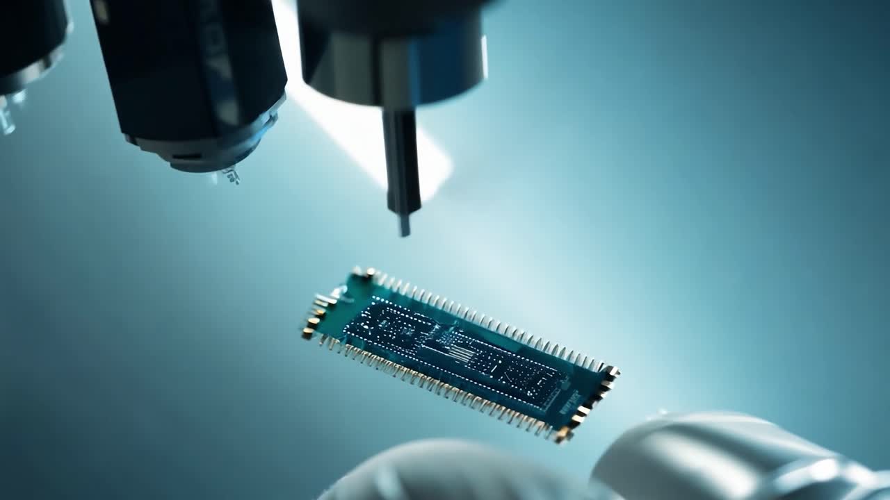 Close-up of robotic arm assembling a circuit board