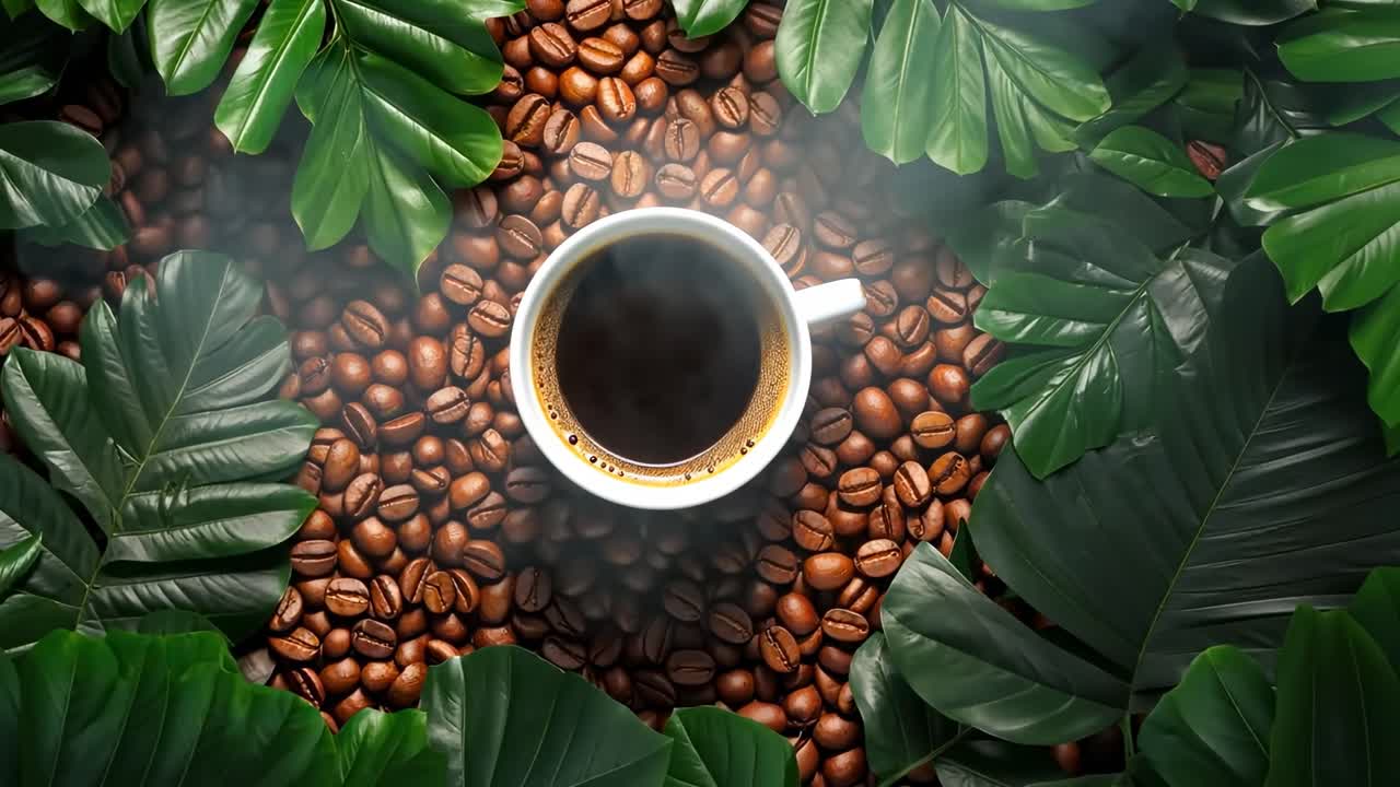 Top-down video shot of a coffee cup surrounded by coffee beans and lush green leaves