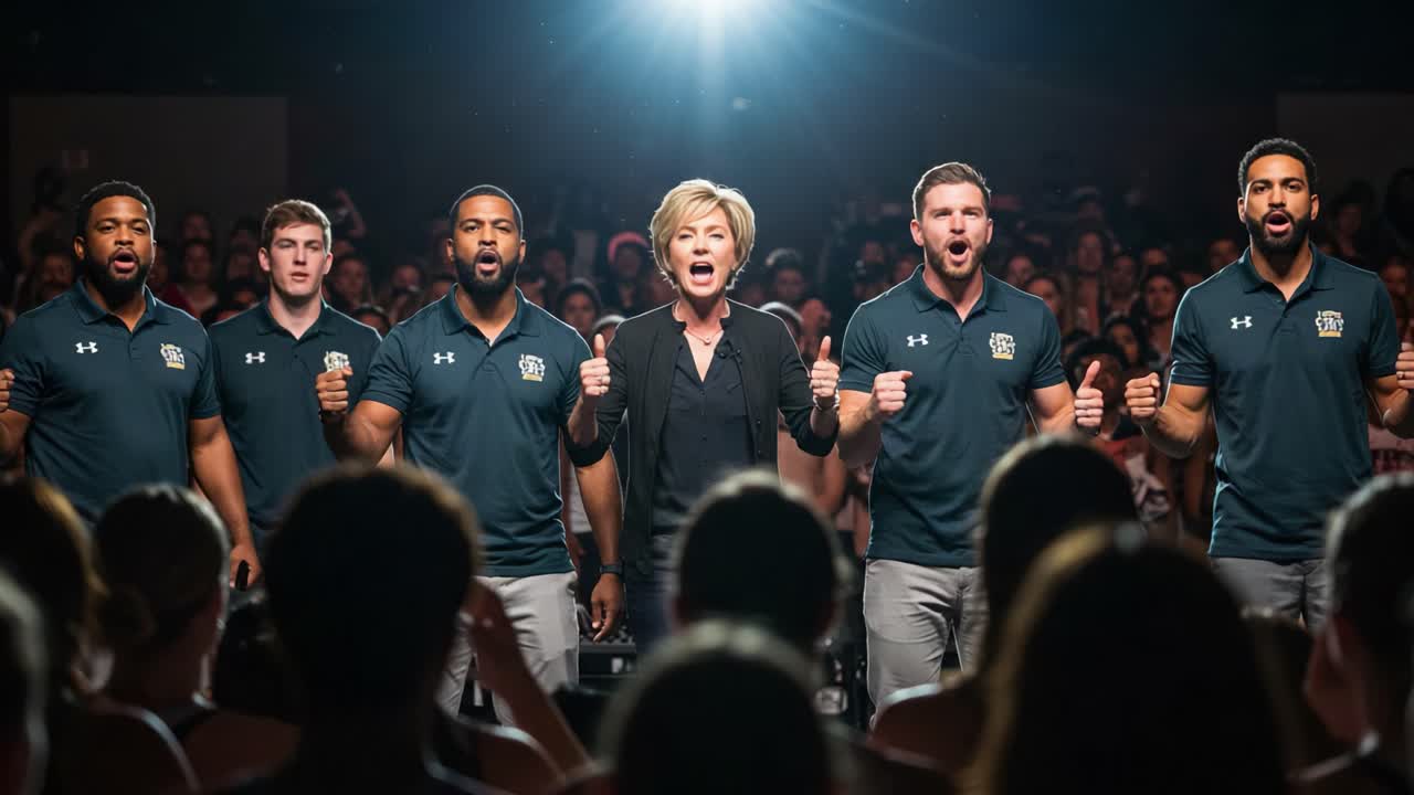 Dynamic Performance by a Group of Six Singers Led by a Passionate Female Leader in a Crowded Venue, Captivating the Audience with Enthusiastic Energy and Unity