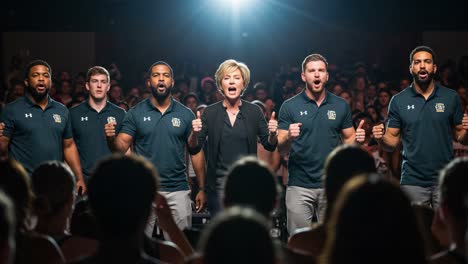dynamic performance by a group of six singers led by a passionate female leader in a crowded venue, captivating the audience with enthusiastic energy and unity