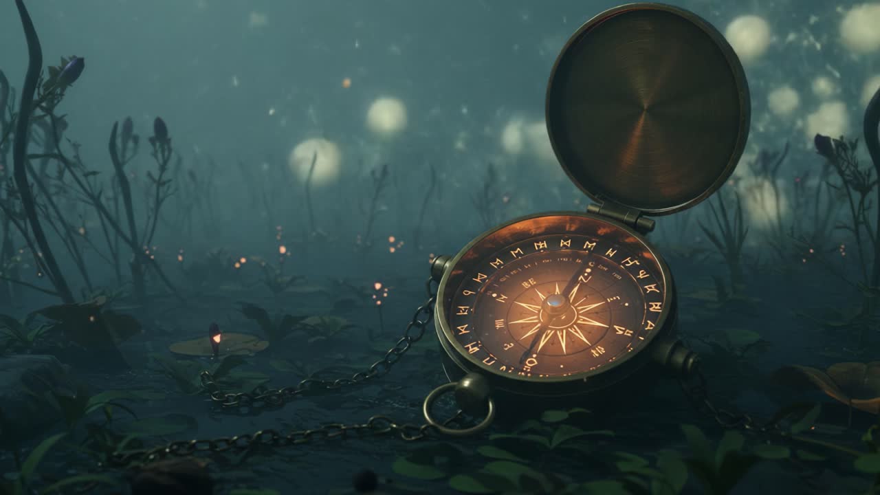 A Mystical Compass Illuminated in an Enchanted Landscape Surrounded by Whimsical Flora and Ethereal Light Bubbles, Guiding the Traveler Through Time and Space