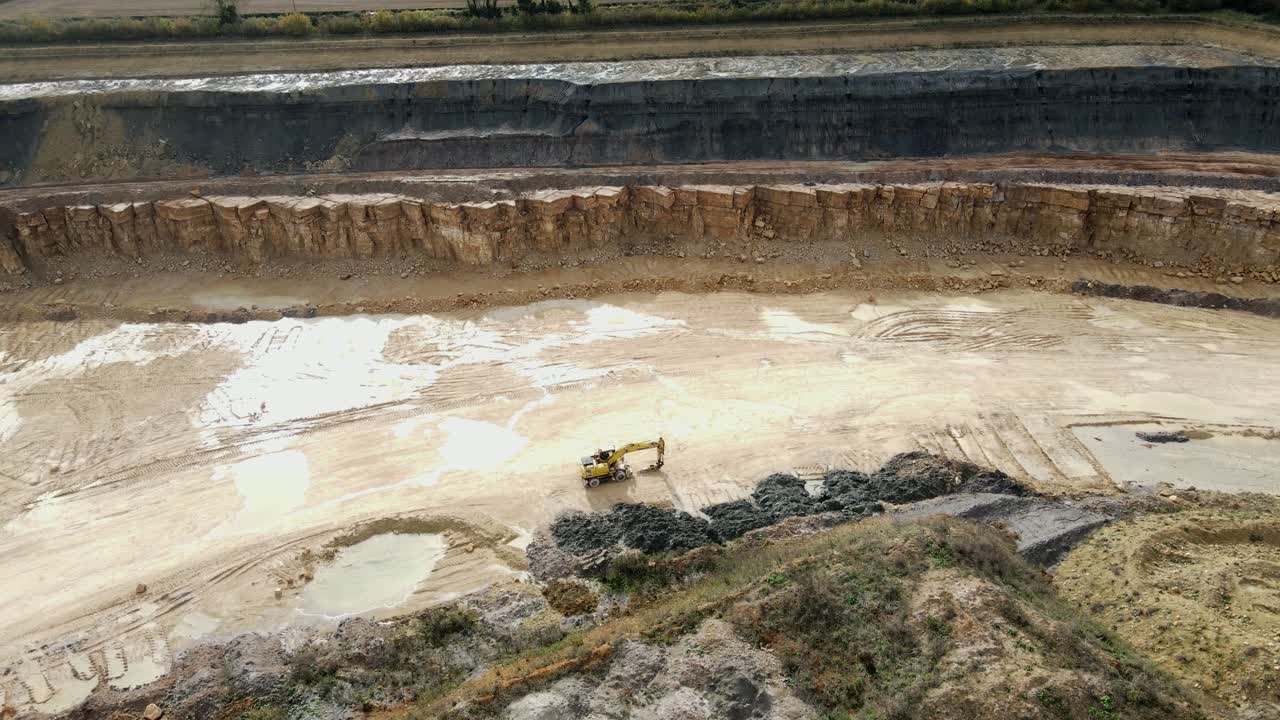 Aerial view of an excavator in a large quarry