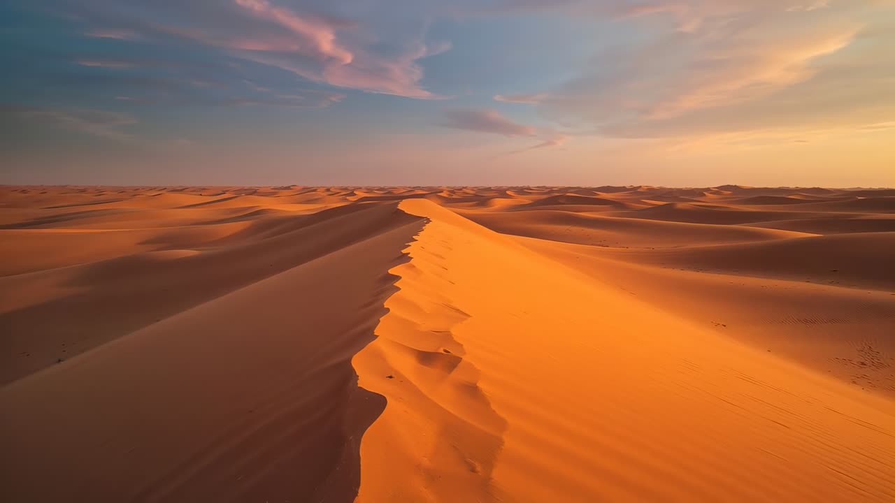Drone che si muove in avanti lungo la cresta di una duna durante l'alba nel deserto, rivelando increspature