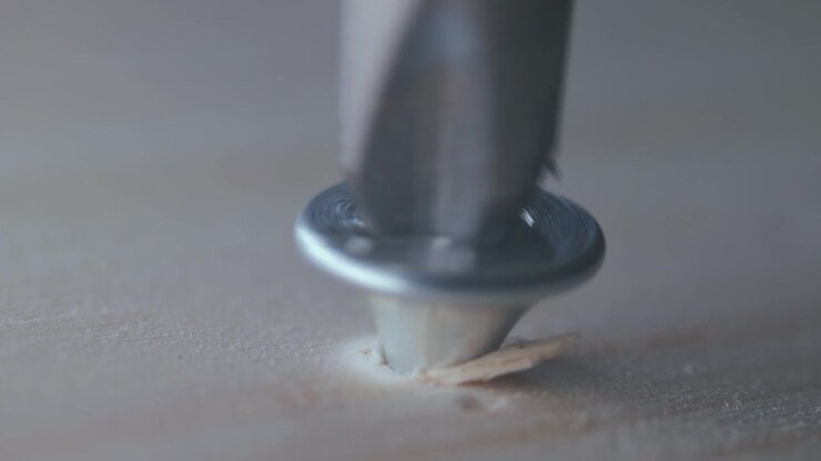 Screw getting screwed into wood furniture with an electric screwdriver, Macro shot