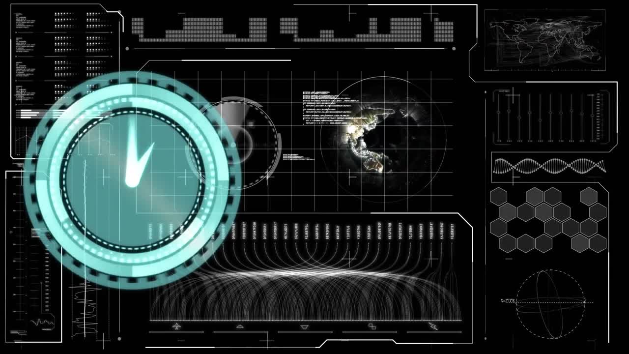 화면에 지구와 함께 빠르게 움직이는 시계와 데이터 처리의 애니메이션