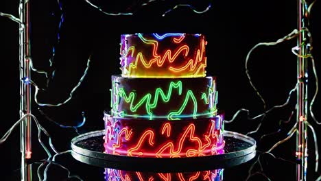 neon light patterns decorating a three tiered cake create a mesmerizing spectacle, showcased against a backdrop of dynamic lighting changes