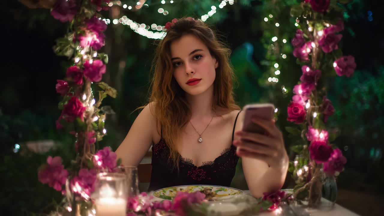 A Captivating Evening Scene Featuring a Young Woman Seated at a Beautifully Decorated Table Surrounded by Lush Flowers and Soft Lighting, Demonstrating a Moment of Modern Elegance and Serenity