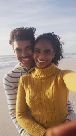 video vertical del retrato de una feliz pareja biracial en una playa soleada