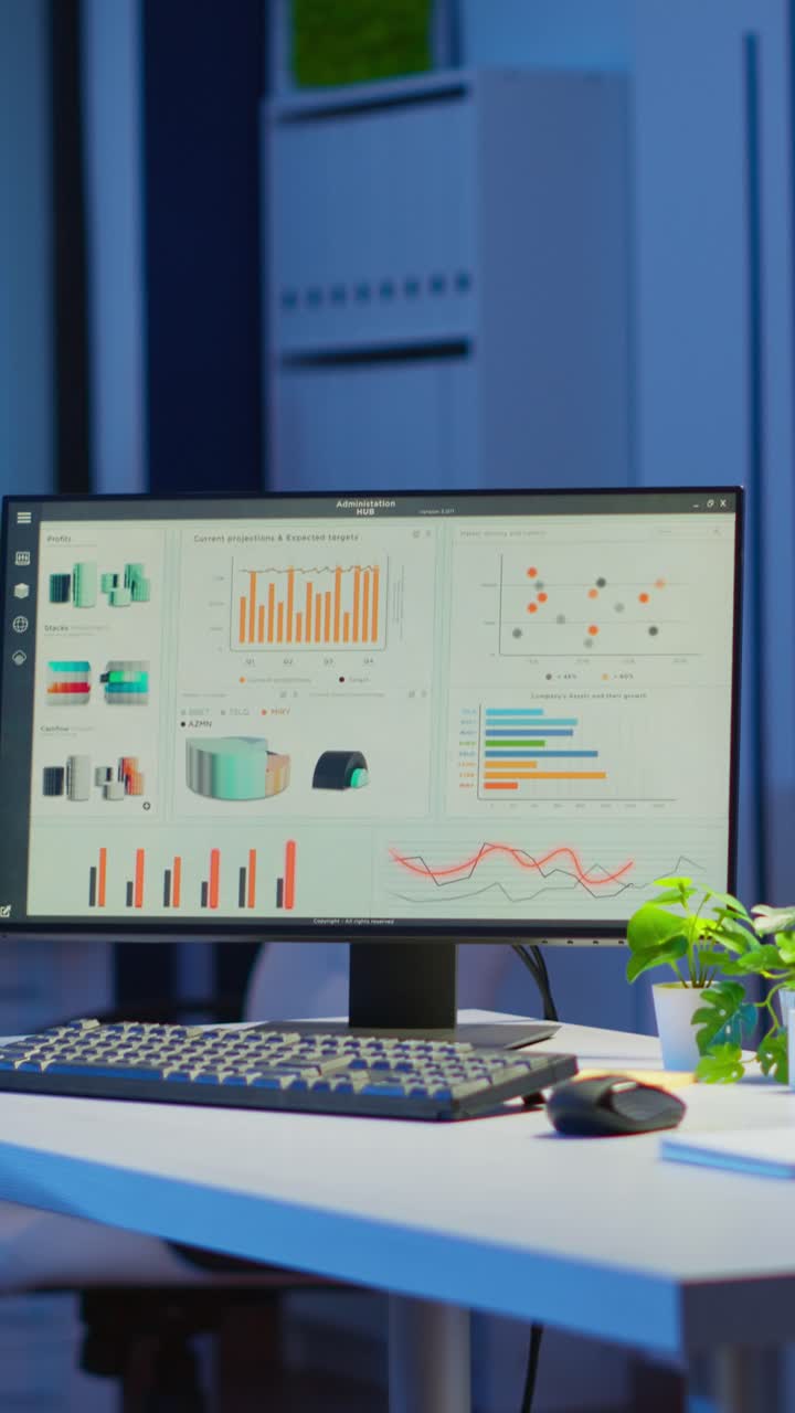 Vertical video: Empty start up business office with modern design during night