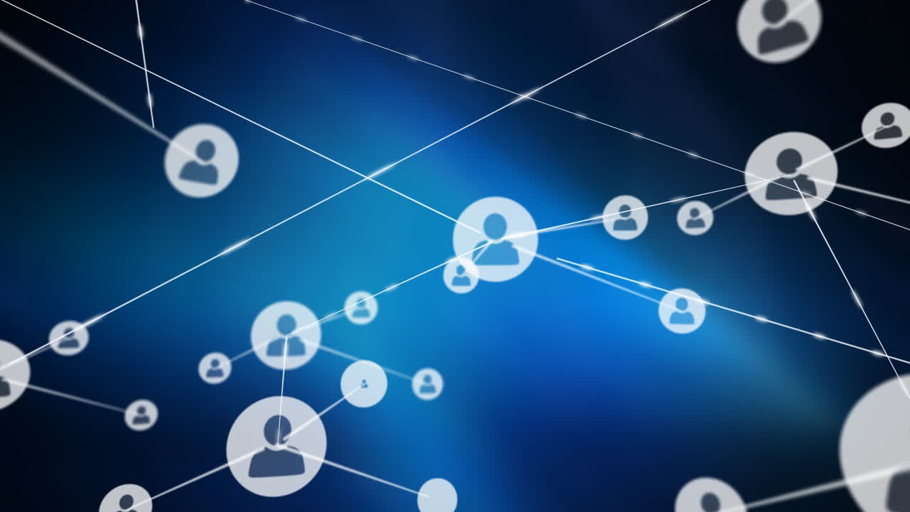 animación de la red de iconos de perfil sobre el efecto de brillo azul contra un fondo negro