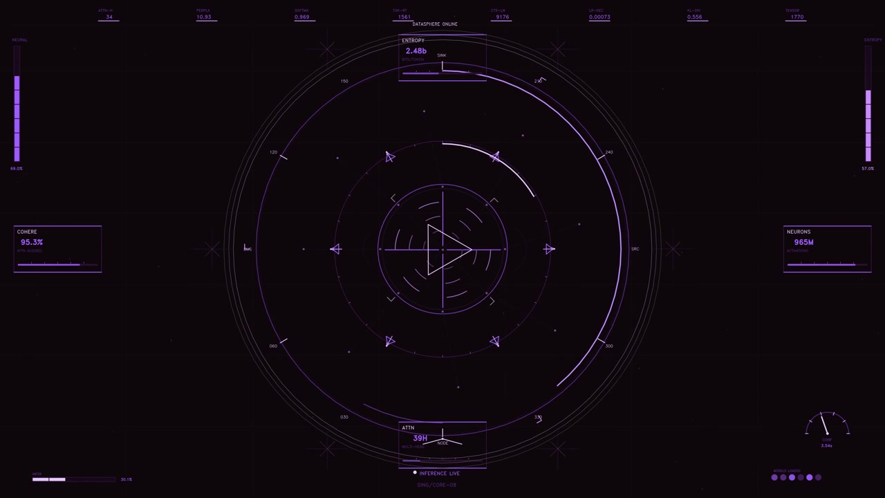 A detailed sci fi head up display featuring a vibrant purple and magenta color palette against a deep black background. The central composition consists of a complex circular reticle with a triangular