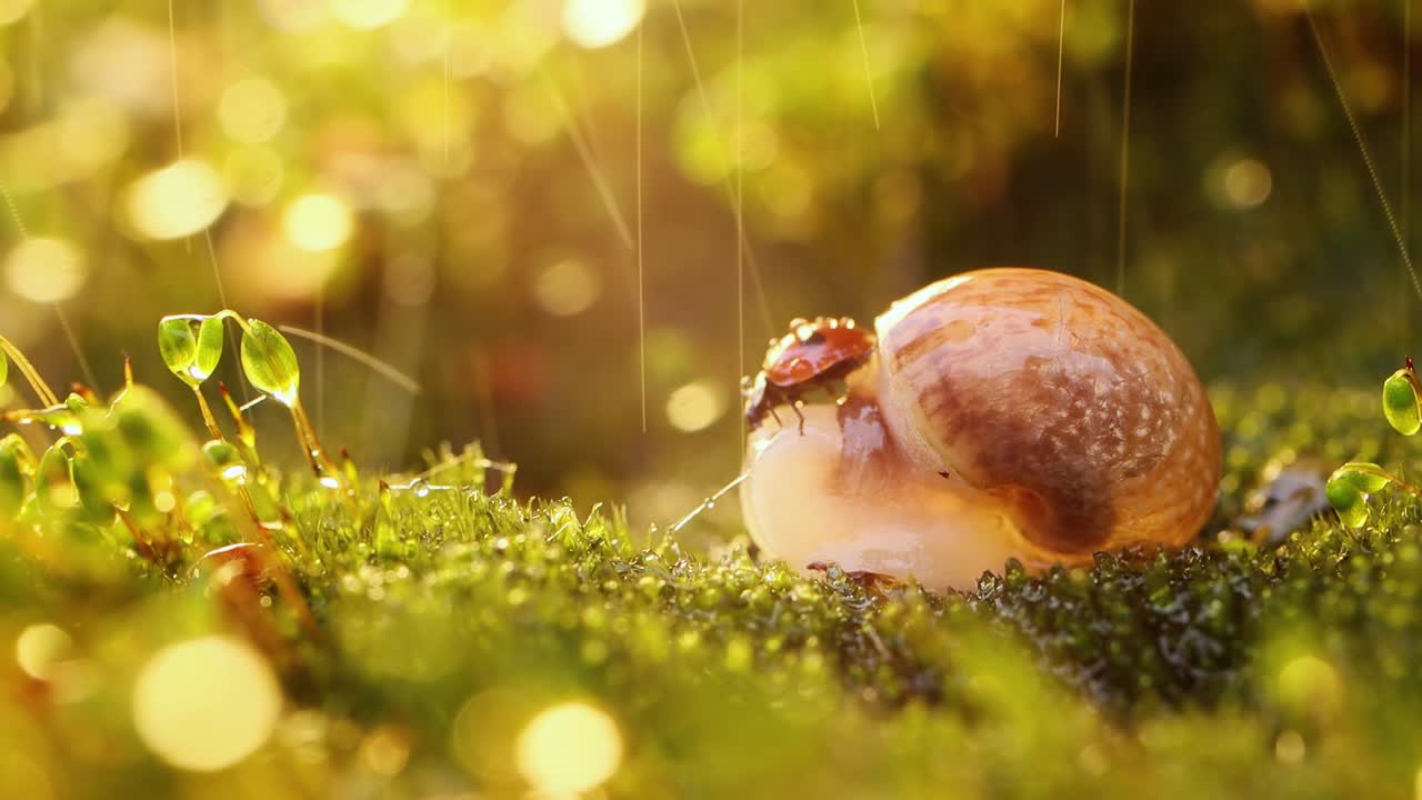 Close-up wildlife of a snail and ladybug under heavy rain in the sunset sunlight.