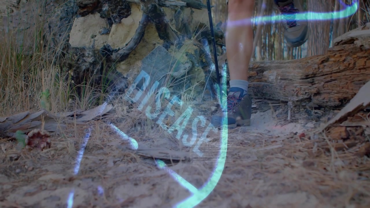hiker planting poles, stepping over log, mapping disease path with glowing blue line for health