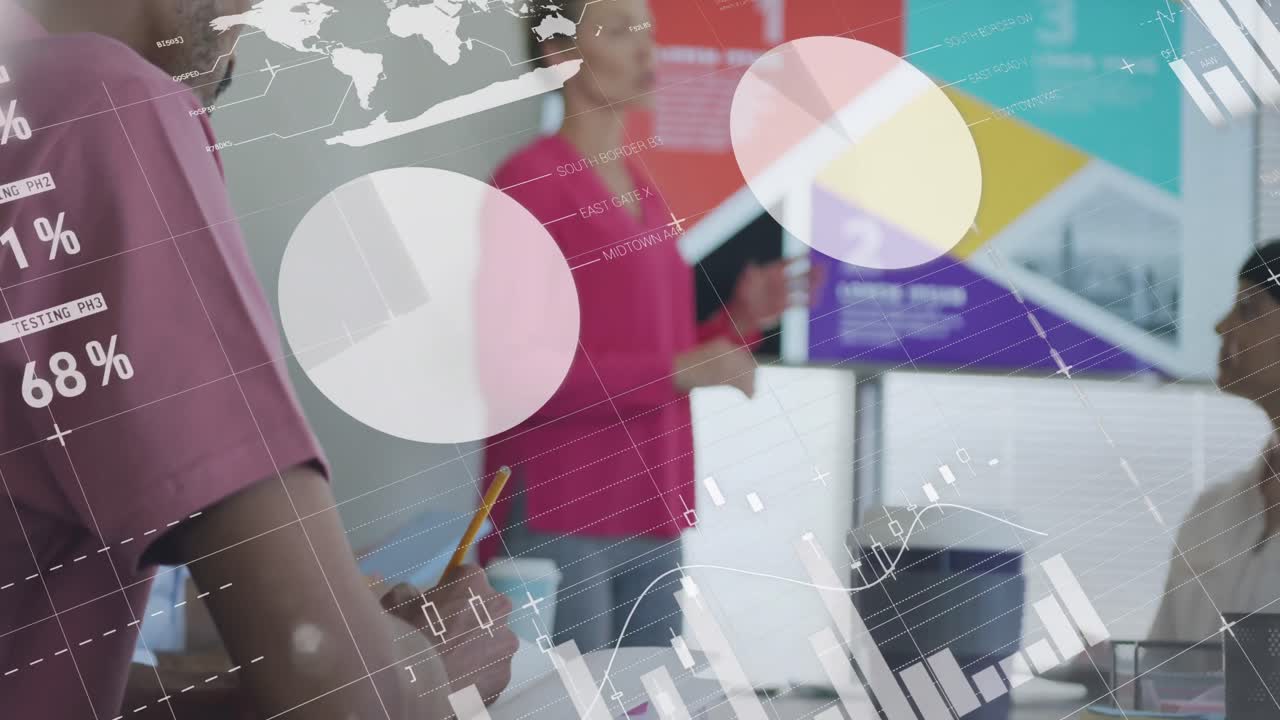 Animation of financial data processing over diverse business people having meeting at office