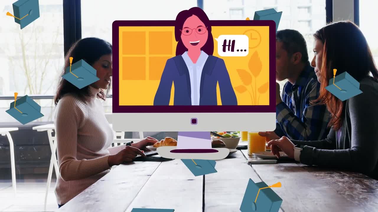 Animation of graduation hats and screen with cartoon teacher over coworkers in office