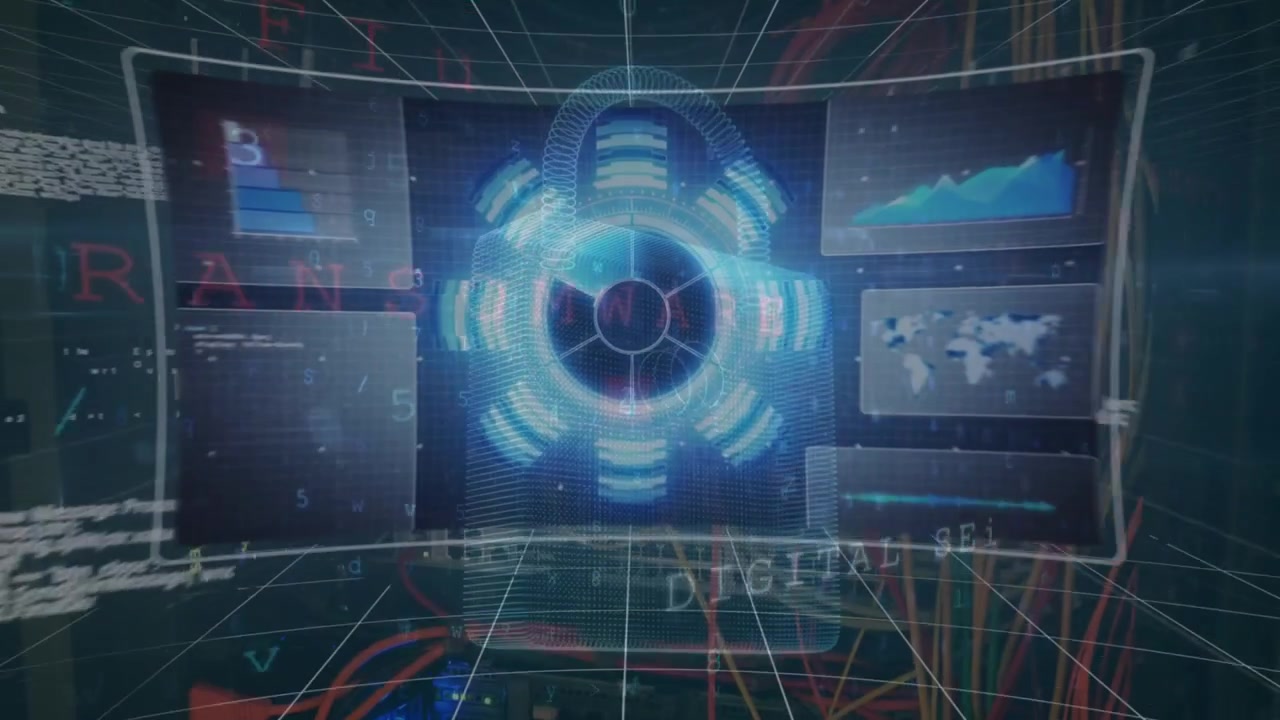Animation of data processing and padlock over server room