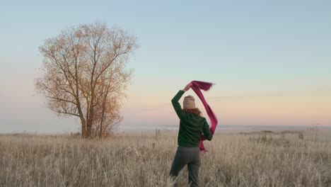 woman walking in a golden autumn field at sunrise