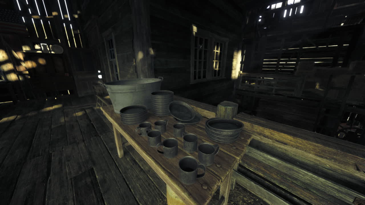 Rustic kitchen displaying traditional cookware in a secluded wooden cabin