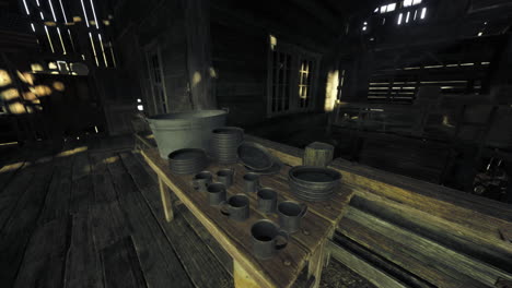 rustic kitchen displaying traditional cookware in a secluded wooden cabin