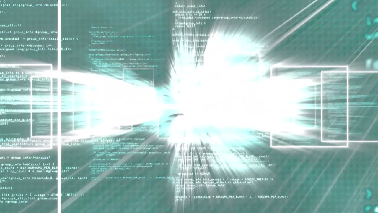 데이터 처리의 디지털 애니메이션과 초록색 배경에 떠다니는 여러 개의 사각형 모양