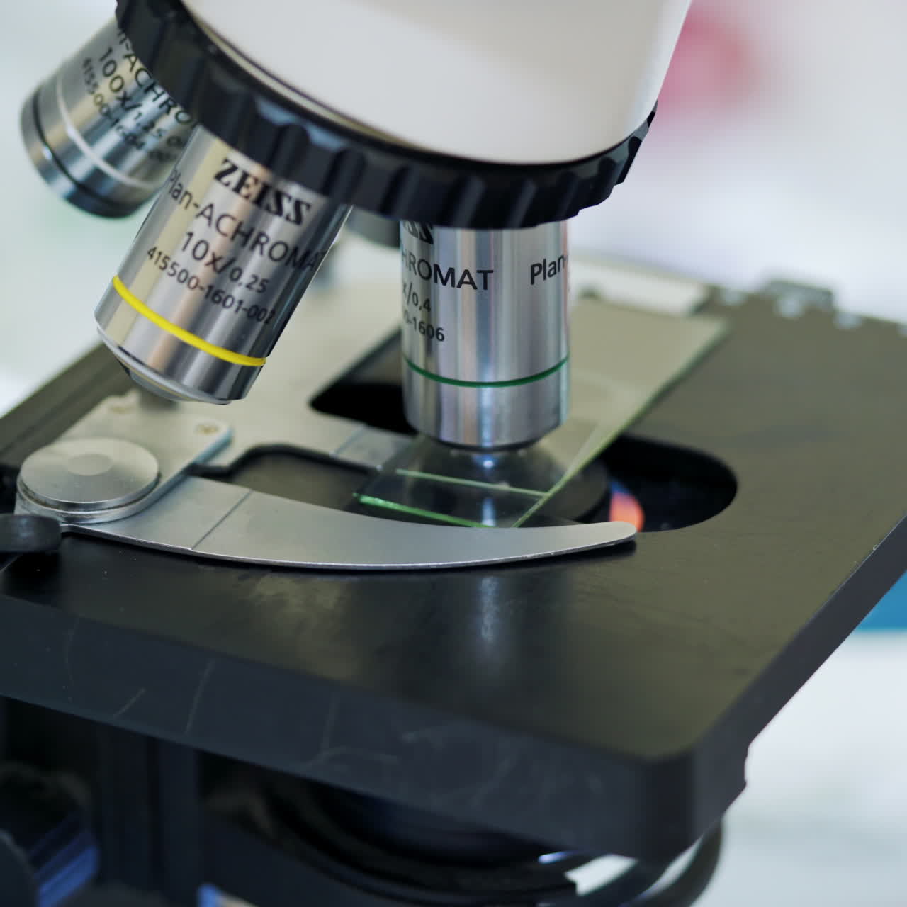 Part of microscope. Close-up. Modern equipment for research works. New microscope in the laboratory. Medical healthcare concept.