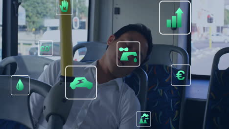 animación de iconos de energía y ecología sobre hombre asiático durmiendo en el autobús
