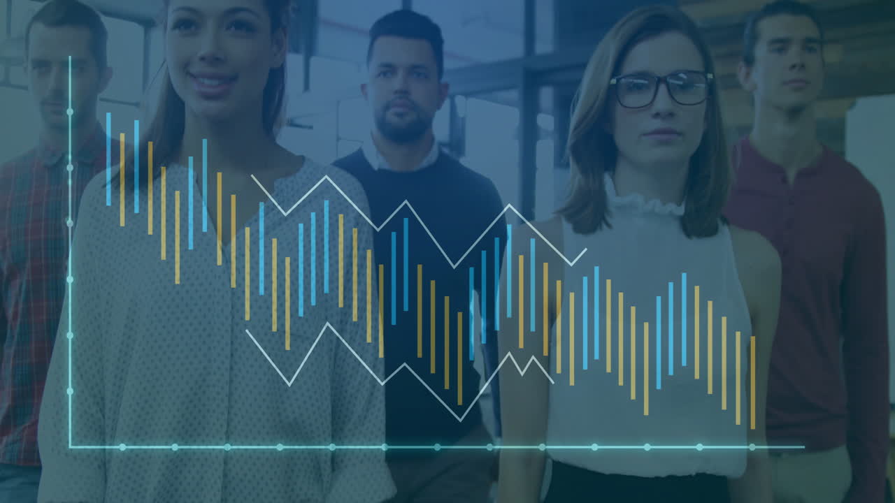 Walking with data visualization overlay, business professionals analyzing graphs and charts