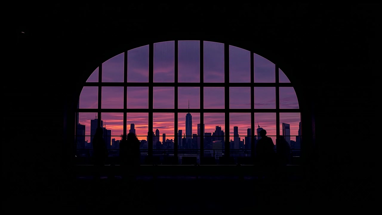 Enmarcando una ventana arqueada mientras el atardecer se intensifica, gente con abrigos moviéndose y esperando, el horizonte brillando