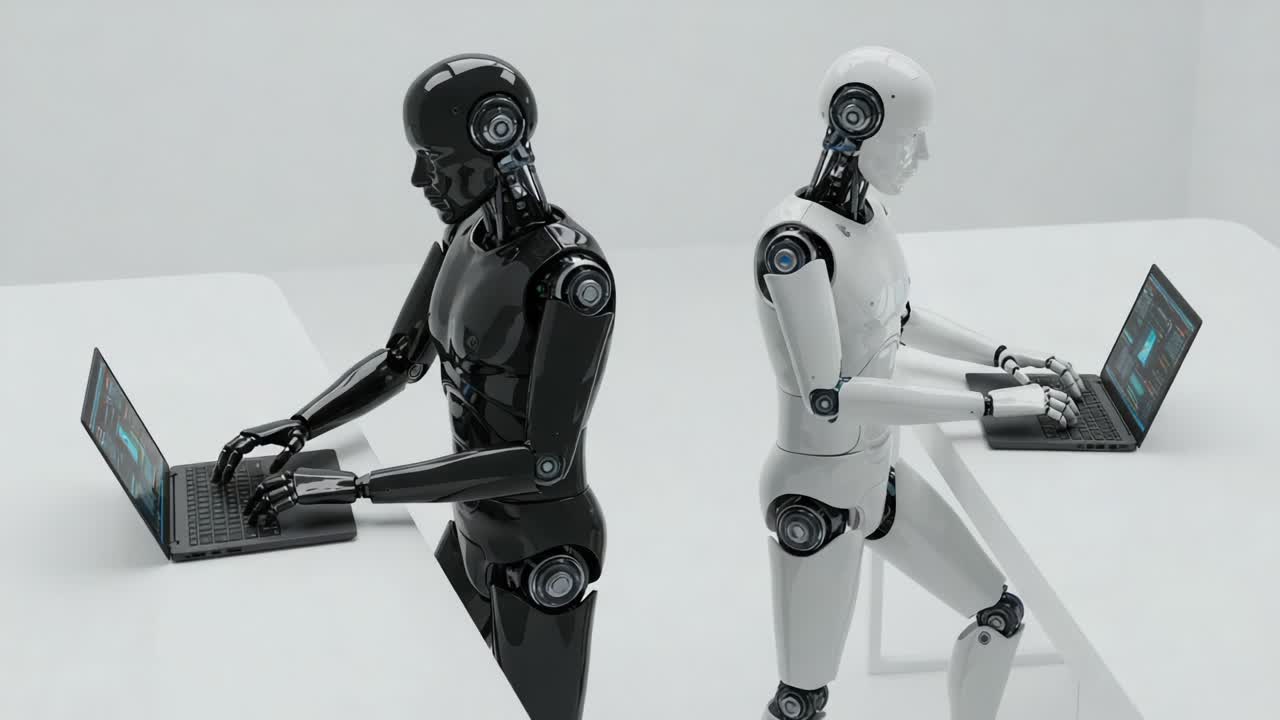 Two humanoid robots, one black and one white, seated at tables while engaging with laptops, showcasing the fusion of technology and human-like design in a modern workspace