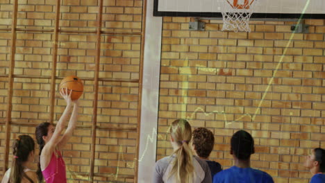 teenage girl shooting basketball in school gym, showing animated training metrics overlay